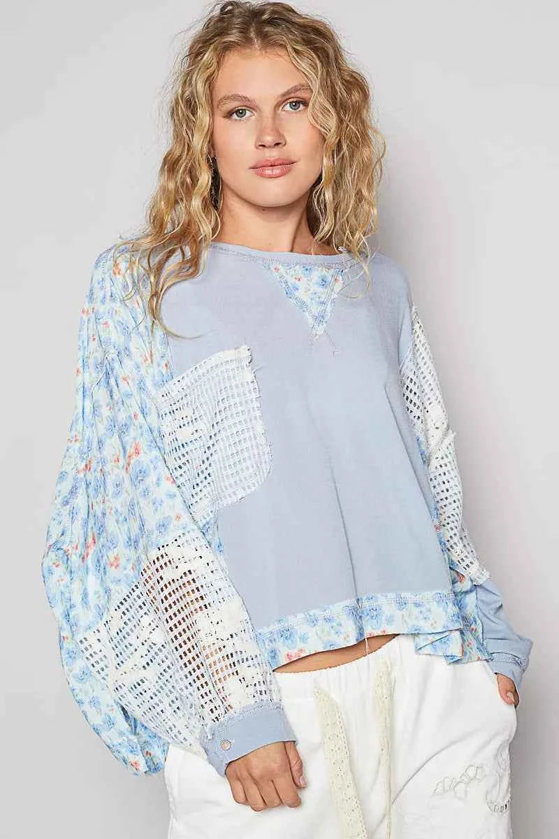 POL Round Neck Cropped Gauze Floral Pattern Top with Overlock Stitch Detail SKY BLUE f4e4b5b5-6db1-4c56-8189-1eab077967d3-Max-Origin