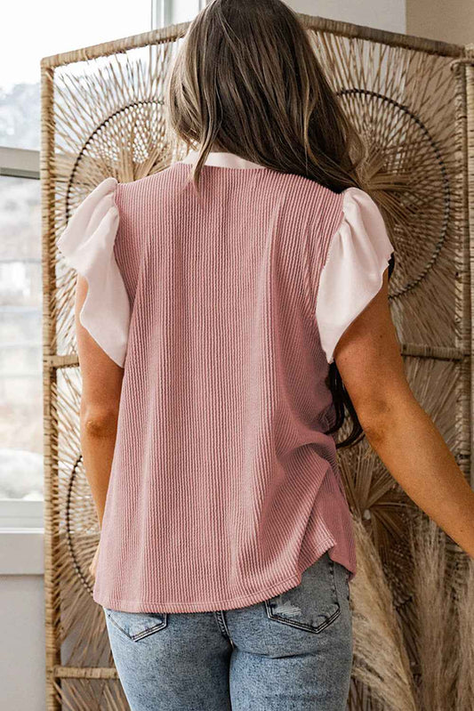 Light Blue Plus Size Contrast Frilled Neckline Ruffled Short Sleeve Ribbed Textured Blouse f4e535b34a3b7f9b