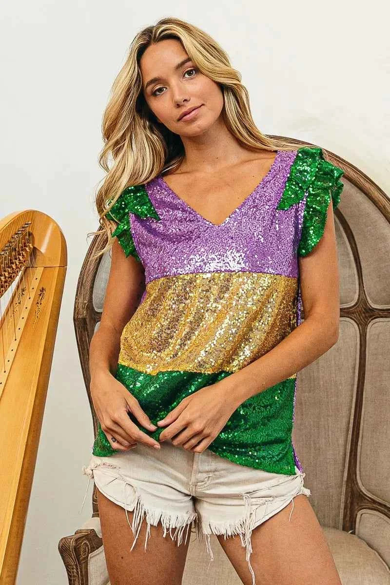 BiBi Mardi Gras Sequin Color Block Ruffled Top f4e5bab0513c43048f3978cd362d0c53-Max-Origin