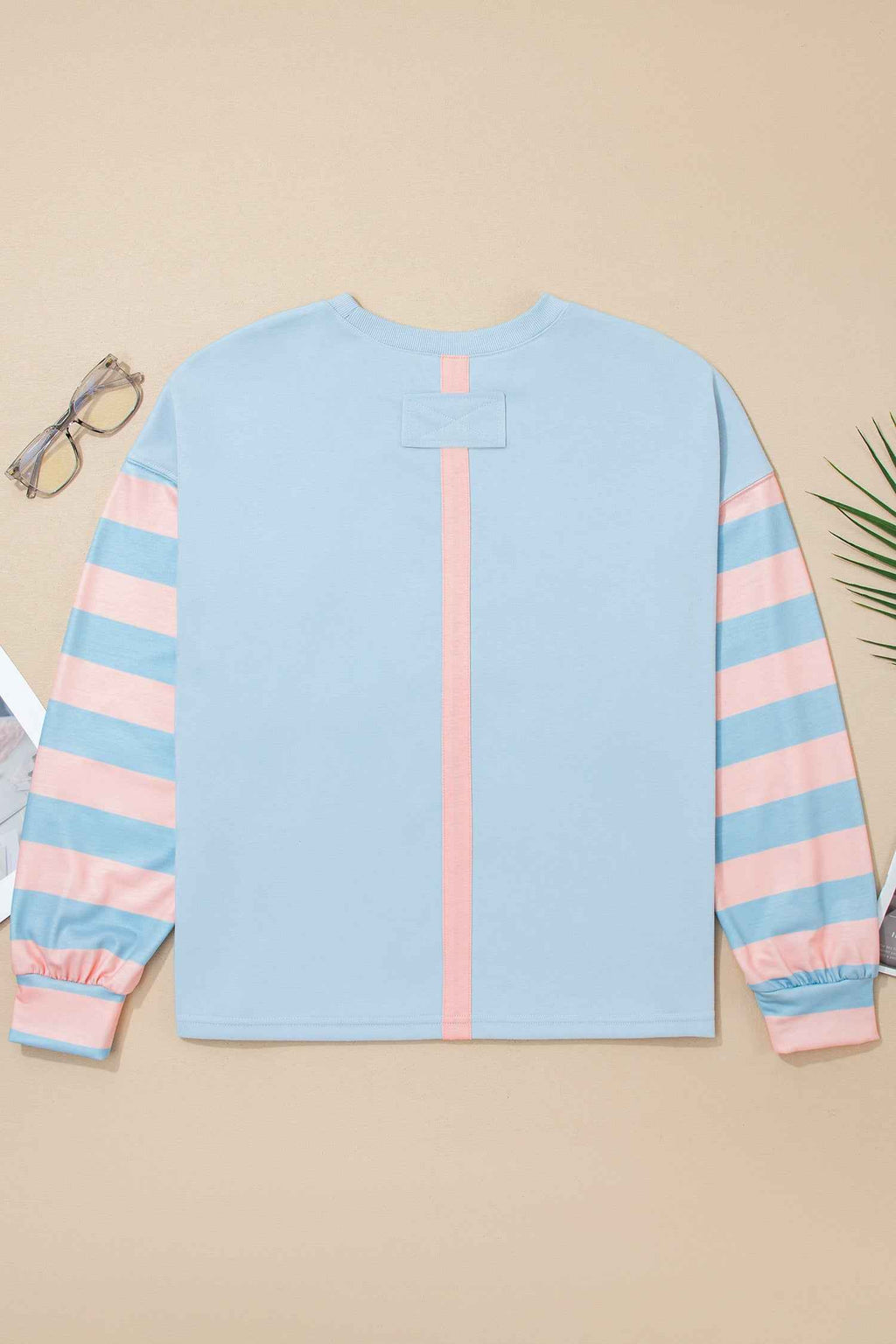 Beau Blue Big Flower Patch Drop Shoulder Striped Long Sleeve Top f4e79ac7ebc55349