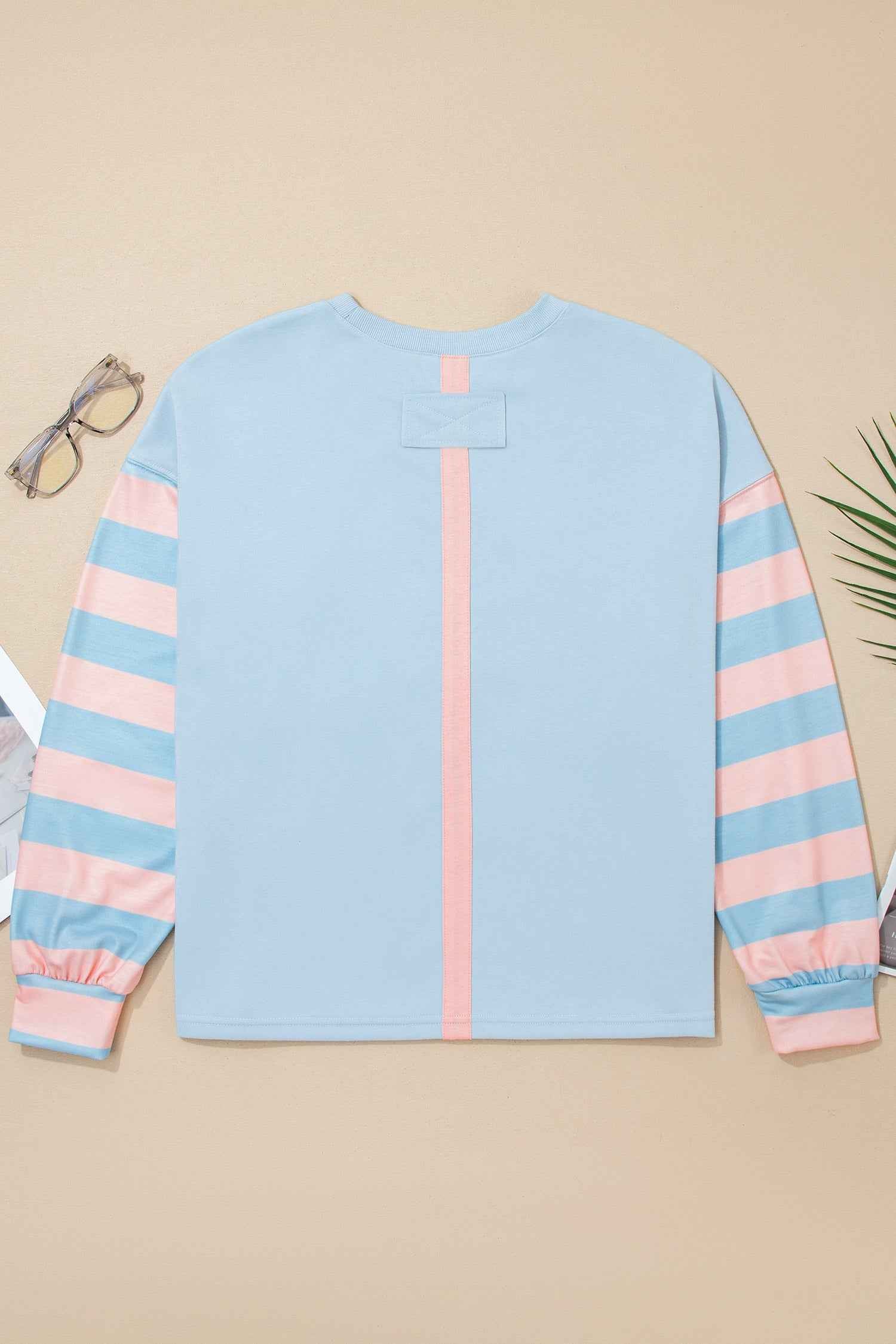 Beau Blue Big Flower Patch Drop Shoulder Striped Long Sleeve Top f4e79ac7ebc55349