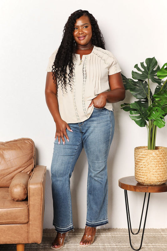 Double Take Crochet Buttoned Short Sleeves Top f4eff1a189e94db2801d0b6aa093bece-Max