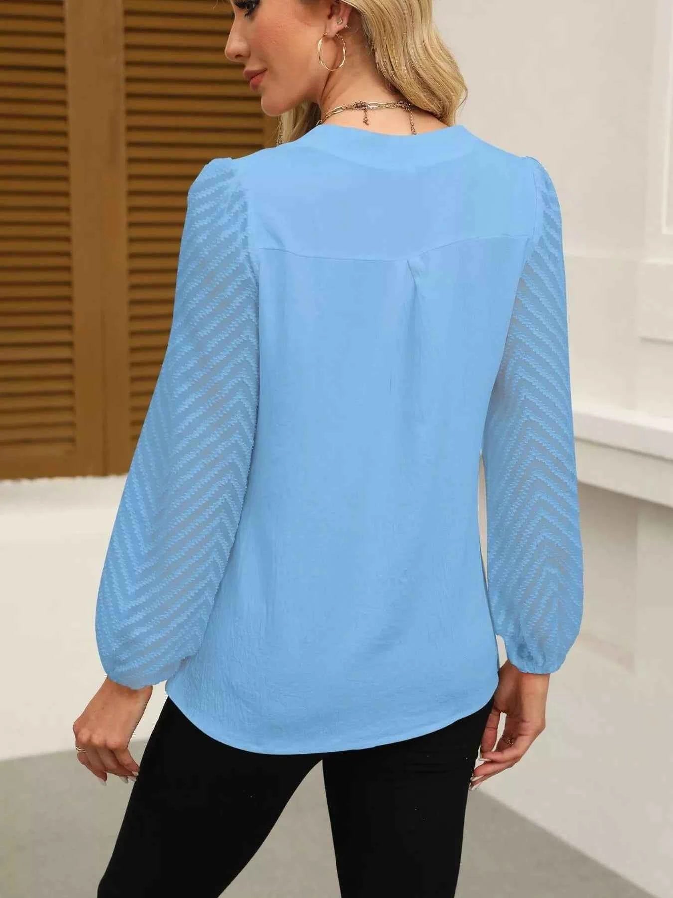 Notched Balloon Sleeve Blouse f4f507a607b6432cb74d9ee194231912-Max-Origin
