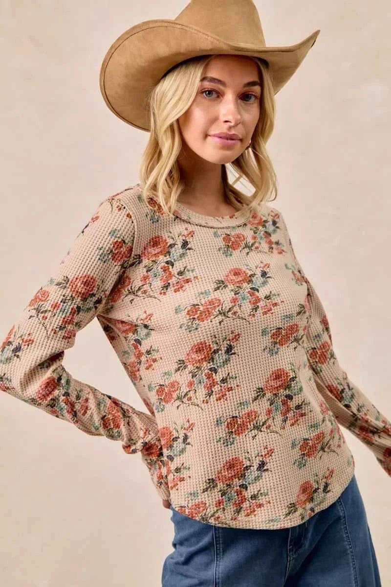 BiBi Floral Print Washed Waffle Thermal Top with Thumb f4f5fee8445a4ef3b78b30c20e32c7c9-Max-Origin