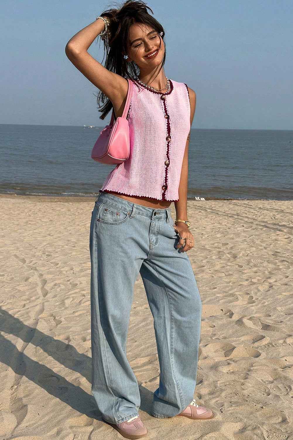 Pink Contrast Trim Buttoned Front Sweater Vest f4f70ed9a4554eda