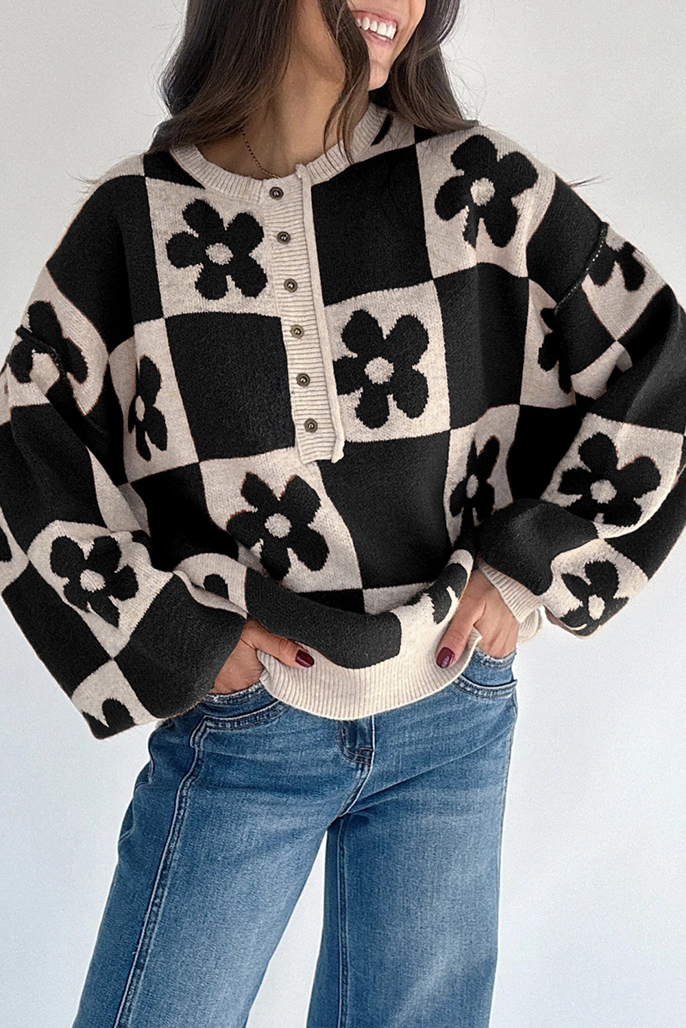 Red Dahlia Flower Colorblock Checkered Henley Sweater Black 52%Viscose+26%Polyester+22%Polyamide f4fdea418a7f047d