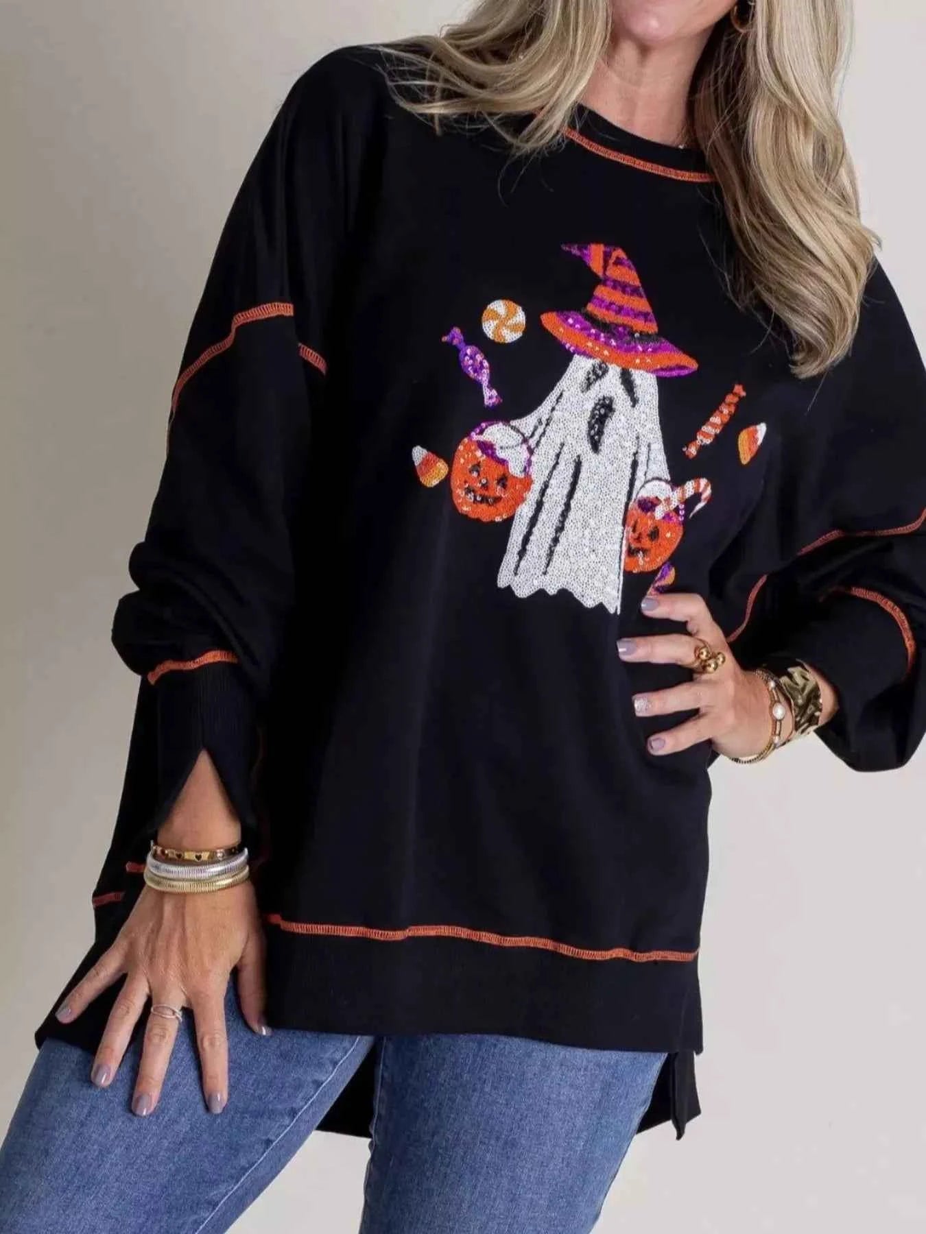 Halloween Ghost Sequin Exposed Seam Sweatshirt Black f5073b6b-a633-43b4-b315-5ef8afdd5556-Max-Origin