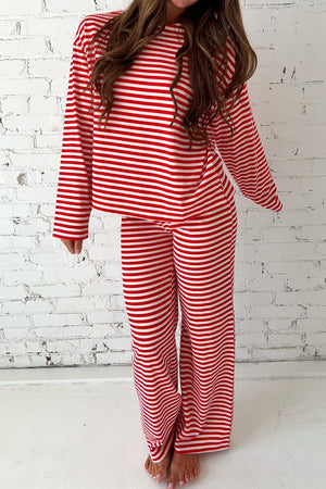Red Stripe Drop Shoulder Long Sleeve Top Lounge Pants 2pcs Set Red Stripe 95%Cotton+5%Elastane f5098a71c15934b6