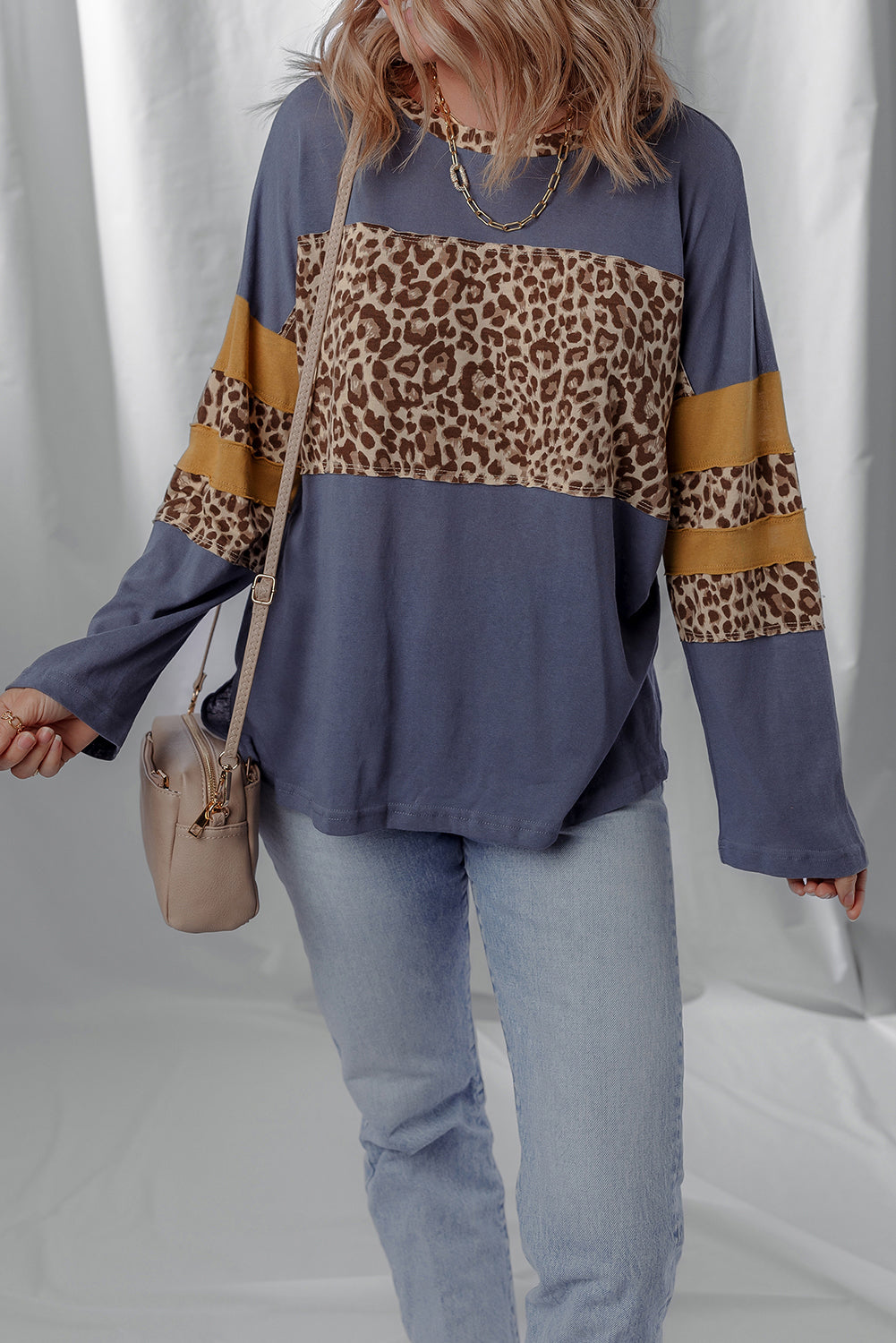 Dark Blue Leopard Colorblock Patchwork Drop Shoulder Top f50bbd35b532022a