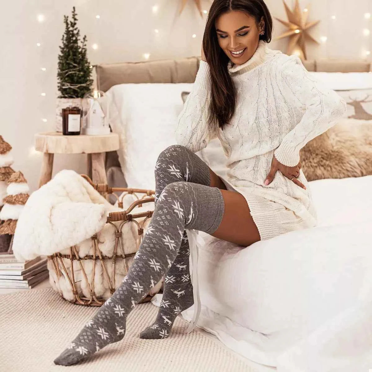 Christmas Bow Knee-High Socks Gray One Size f51101d3-75cc-44ec-85de-d851cd3e7132-Max-Origin