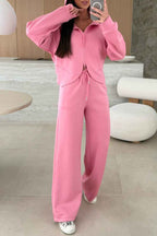 Pink Solid Color Zip Up Hoodie Drawstring Loose Pants Set Pink 50%Polyester+45%Viscose+5%Elastane f5178b858b5ca36d