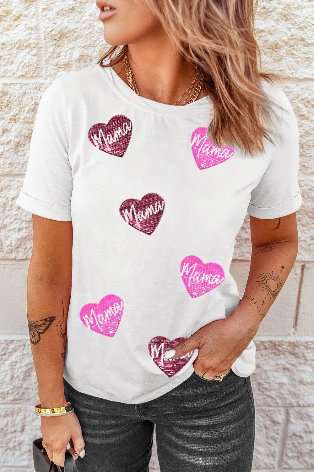 MAMA Heart Shape Sequin Patched Crew Neck T Shirt f51b3bd7-7005-4835-b437-ba08b2487017-Max-Origin