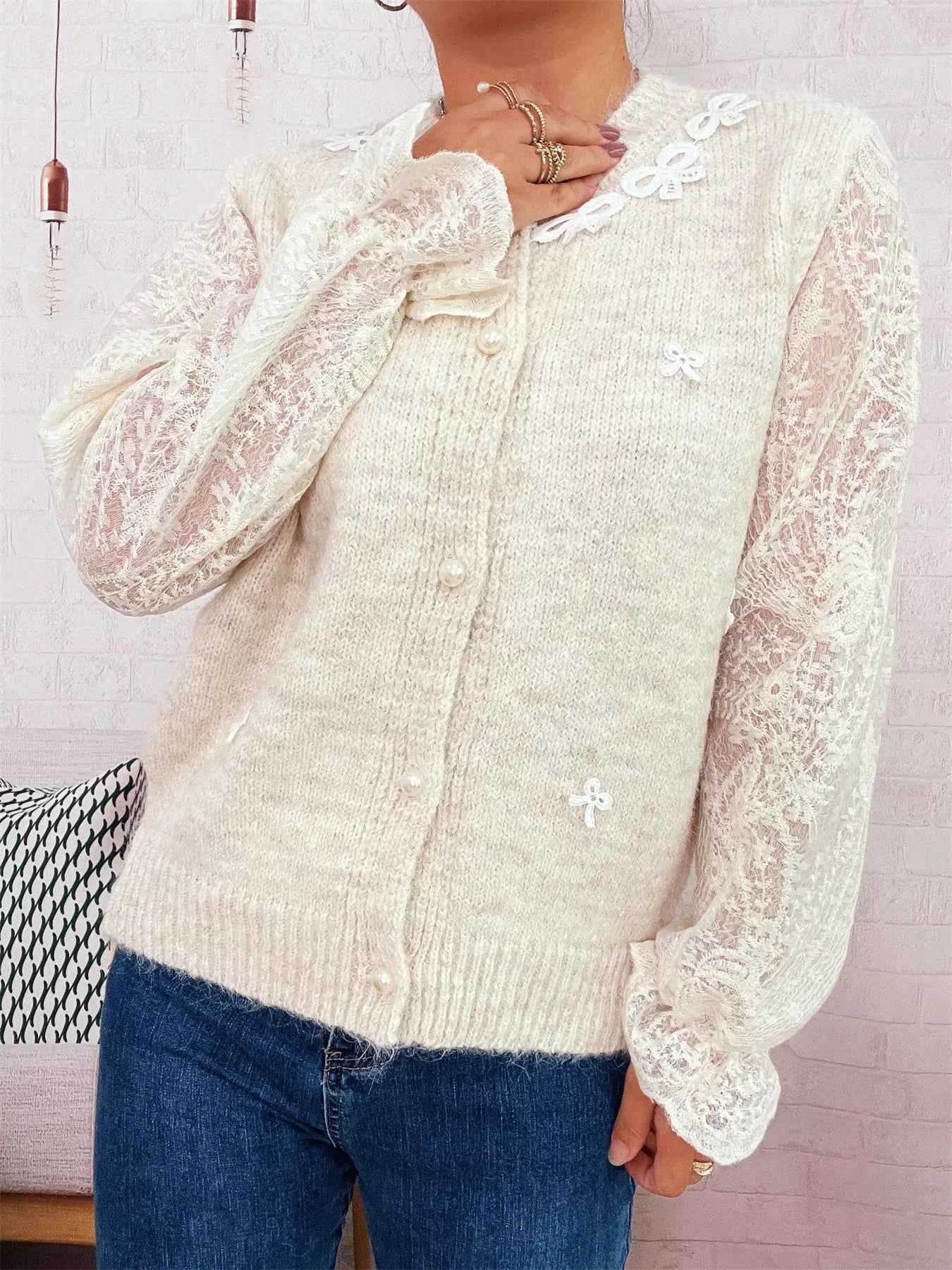 Lace Sleeve Button-Up Cardigan f51c766a3afc4032b98e79ab006da9ac-Max-Origin