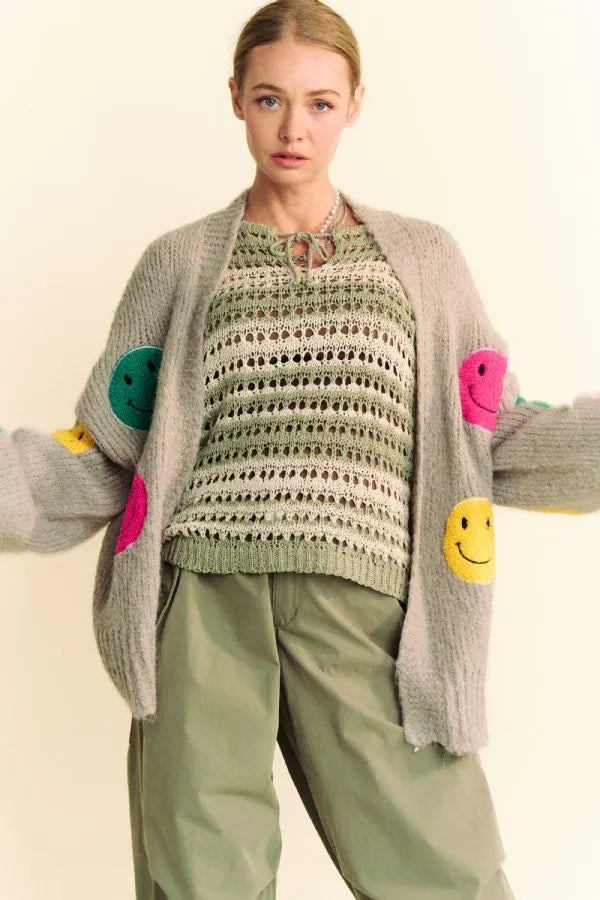 Davi & Dani Fuzzy Smile Open Front Long Sleeve Cardigan f52417e1-8856-4913-bcc0-cf373e3eb4d3-Max