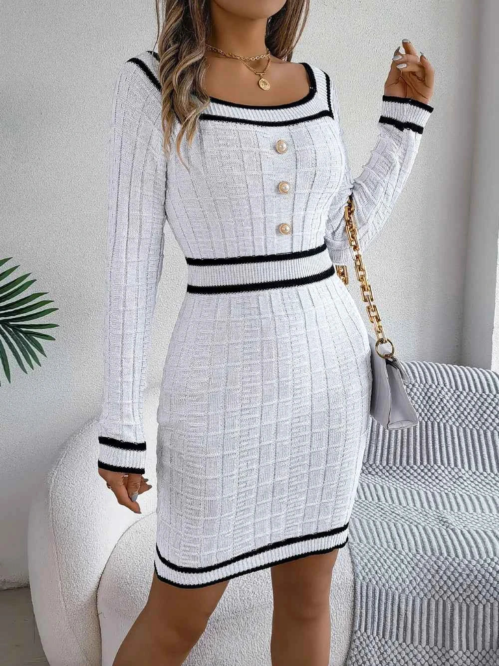 Contrast Trim Long Sleeve Sweater Dress f5245228-4033-4671-b8af-631318903f12-Max