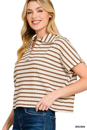Striped Split Neck Collared Top BROWN f528d14dc8474f20984b0587eb3fdfef-Max-Origin
