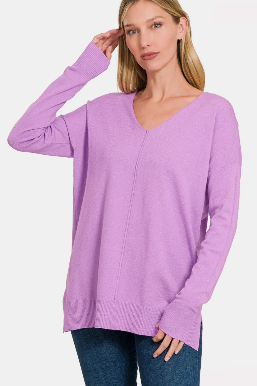 Zenana Slit V-Neck Dropped Shoulder Sweater BLAVENDER f52b516a-5a94-4436-887f-9ea3848a6a69-Max
