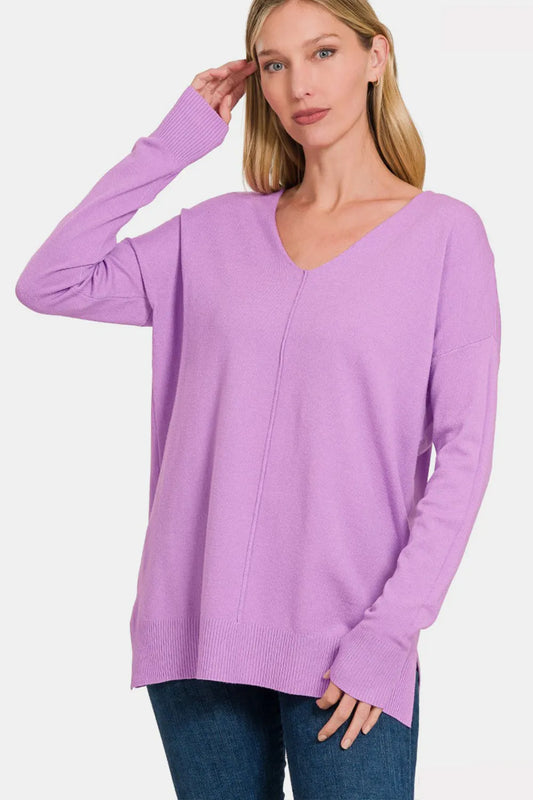 Zenana Slit V-Neck Dropped Shoulder Sweater BLAVENDER f52b516a-5a94-4436-887f-9ea3848a6a69-Max