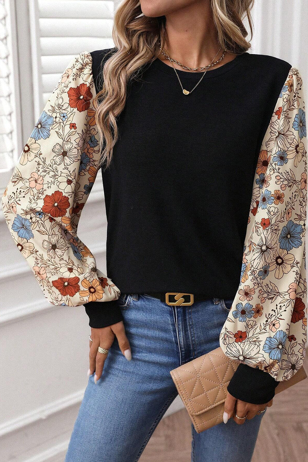 Khaki Leopard Puff Sleeve Patchwork Top Apricot 65%Polyester+30%Viscose+5%Elastane f532086433fe64dc
