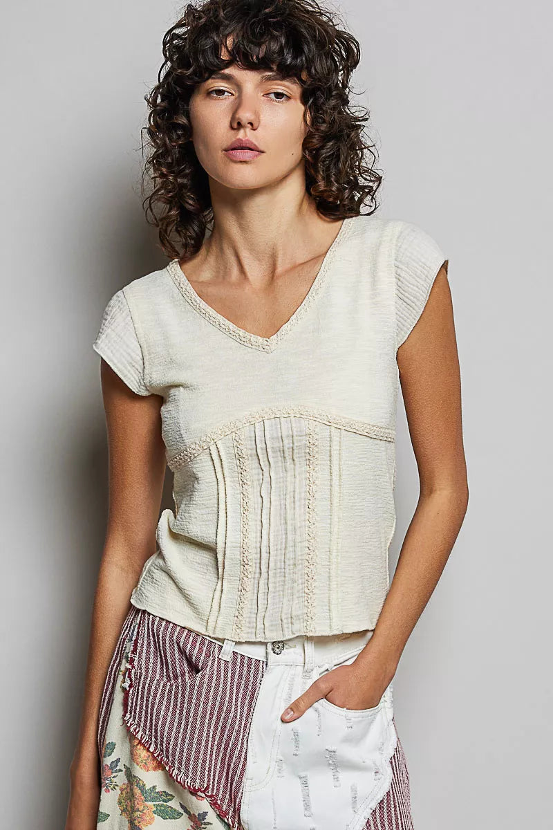 POL V-Neck Lightweight Textured Short Sleeve Knit Top with Lace Trim f535ed13-7f20-4df5-a121-f88de6ff5c89-Max-Origin