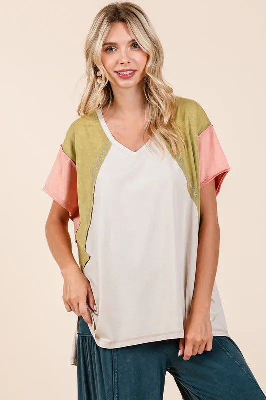 Color Block V-Neck Short Sleeve T-Shirt Olive Combo f5385c7d-4ae1-4724-bcf9-410dc8ac0807-Max