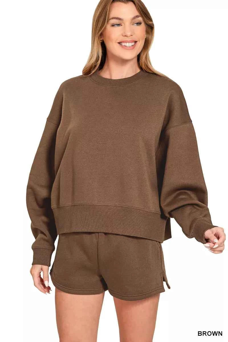 Zenana Fleece Round Neck Sweatshirt and Shorts Set Brown f53c2411-9e65-4782-bf51-7524c337e224-Max-Origin