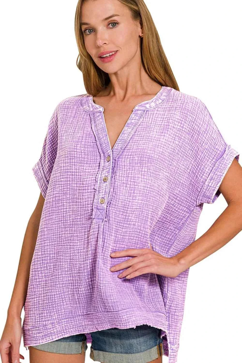 Zenana Washed Double Gauze 3/4 Button Henley Neck Shirt LAVENDER f53c314d-7d8e-404c-bfe2-044231a6e64f-Max-Origin