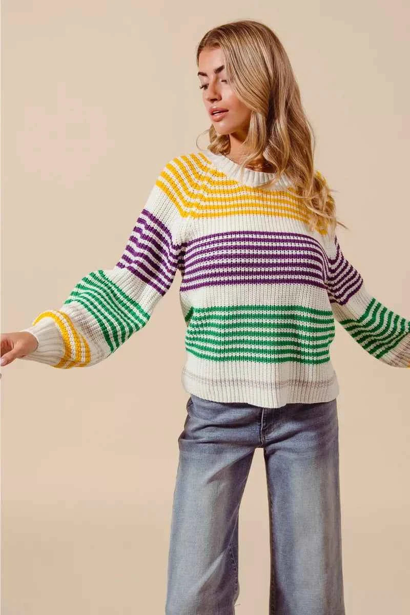 SO ME Mardi Gras Color Striped Raglan Sweater Top f53d8a89d59445708964ca634deaccea-Max-Origin