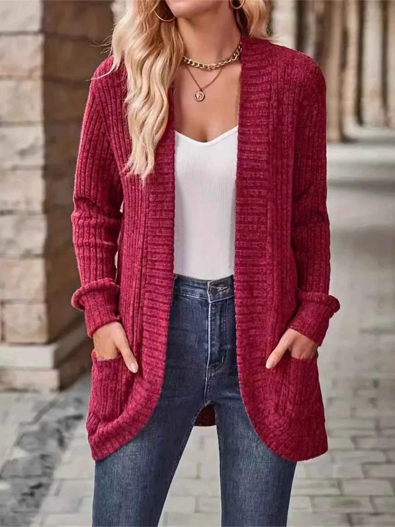 Ribbed Open Front Long Cardigan with Pockets