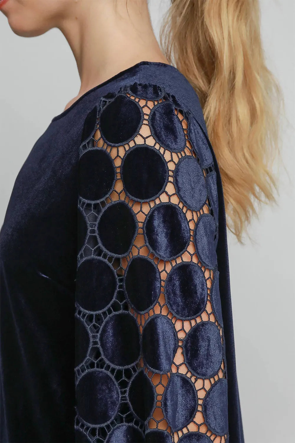 Umgee Polka Dot Lace Long Sleeve Round Neck Blouse f53e4dd1-c98a-43cc-9d81-a5d4bc990d4b-Max