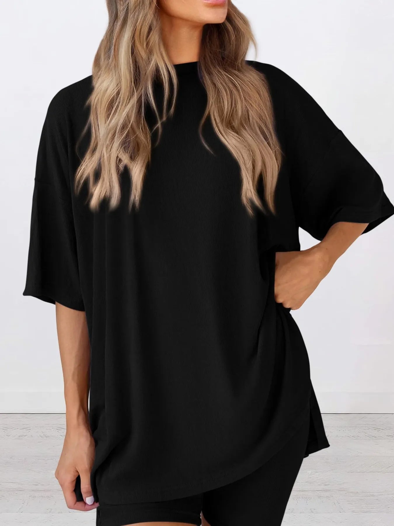 Full Size Oversized Slit Round Neck Top and Shorts Lounge Set Plus Size Black f54501bd3b384f039e612a98446a7f8a-Max-Origin