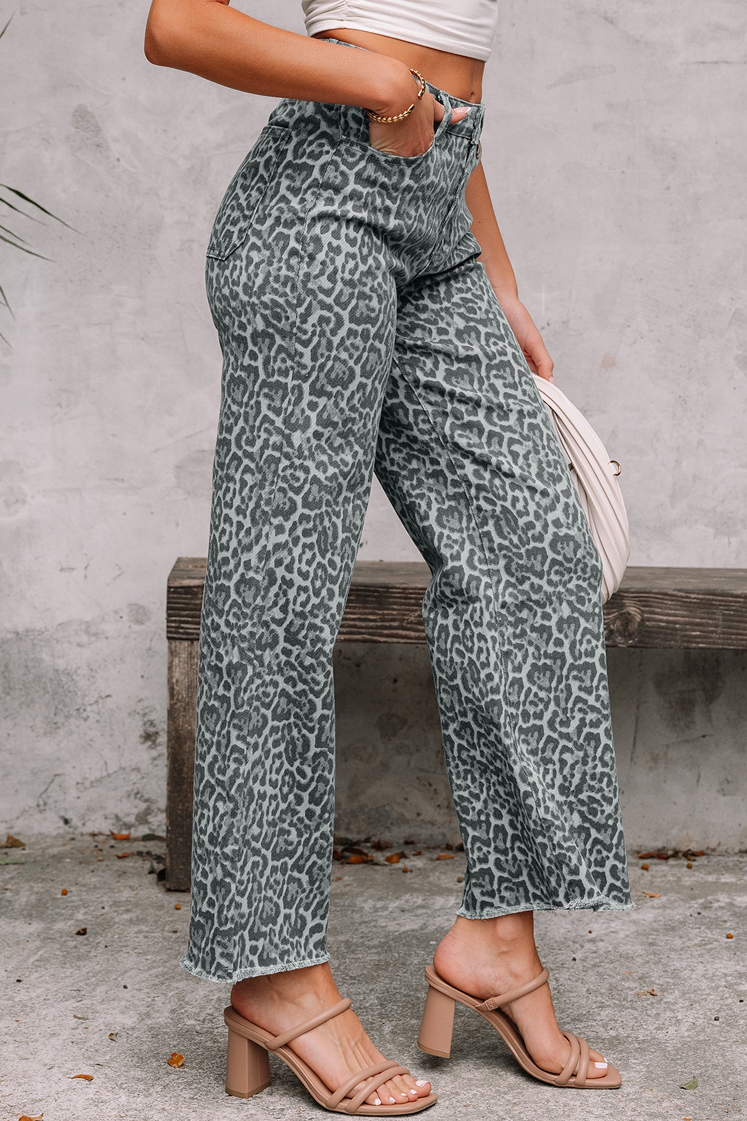 Gray Leopard Frayed Edge Wide Leg High Waist Jeans f5492f4287c9feeb