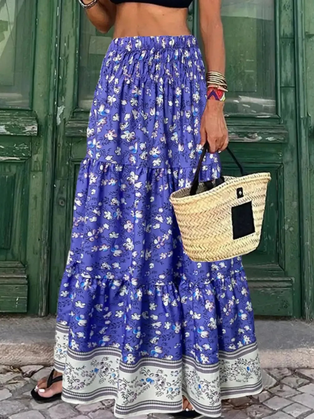 Full Size Tiered Printed Elastic Waist Skirt Blue f54de22d-7cf6-46ac-ab29-23b98c4ffa56-Max