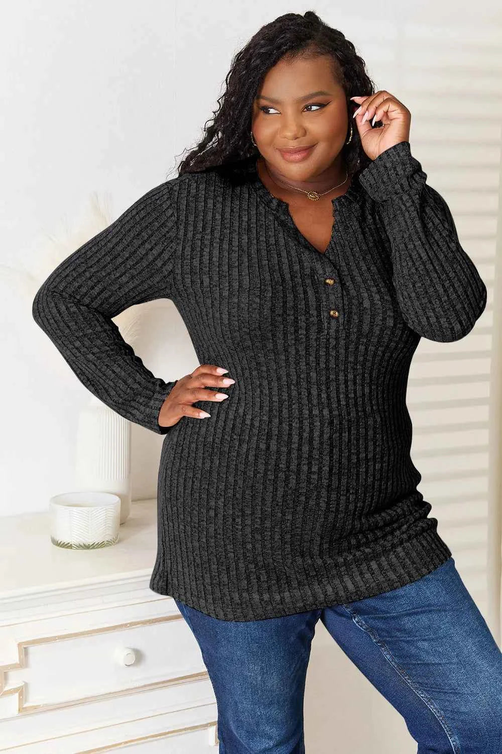 Double Take Notched Neck Ribbed Long Sleeve T-Shirt Black f54ed97e-a5e2-4a6b-aec7-d5c9beeda432-Max