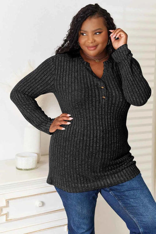 Double Take Notched Neck Ribbed Long Sleeve T-Shirt Black f54ed97e-a5e2-4a6b-aec7-d5c9beeda432-Max