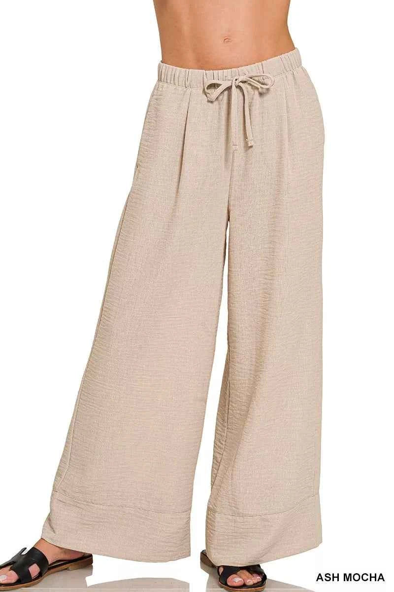 Zenana Woven Airflow Drawstring Pants ASH MOCHA f5520c8a635b4799bd6fd20fc0aee01a-Max-Origin