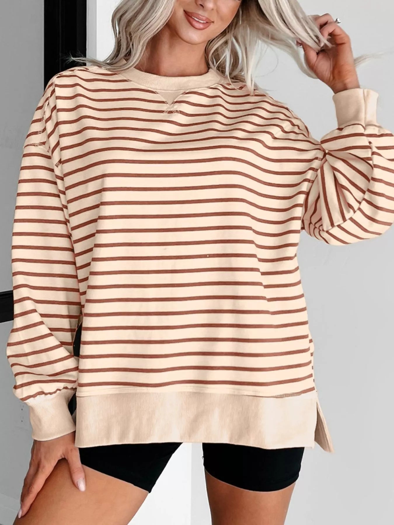 Striped Crew Neck Casual Sweatshirt f554878c-32c8-4db4-8e5e-896c34945864-Max-Origin