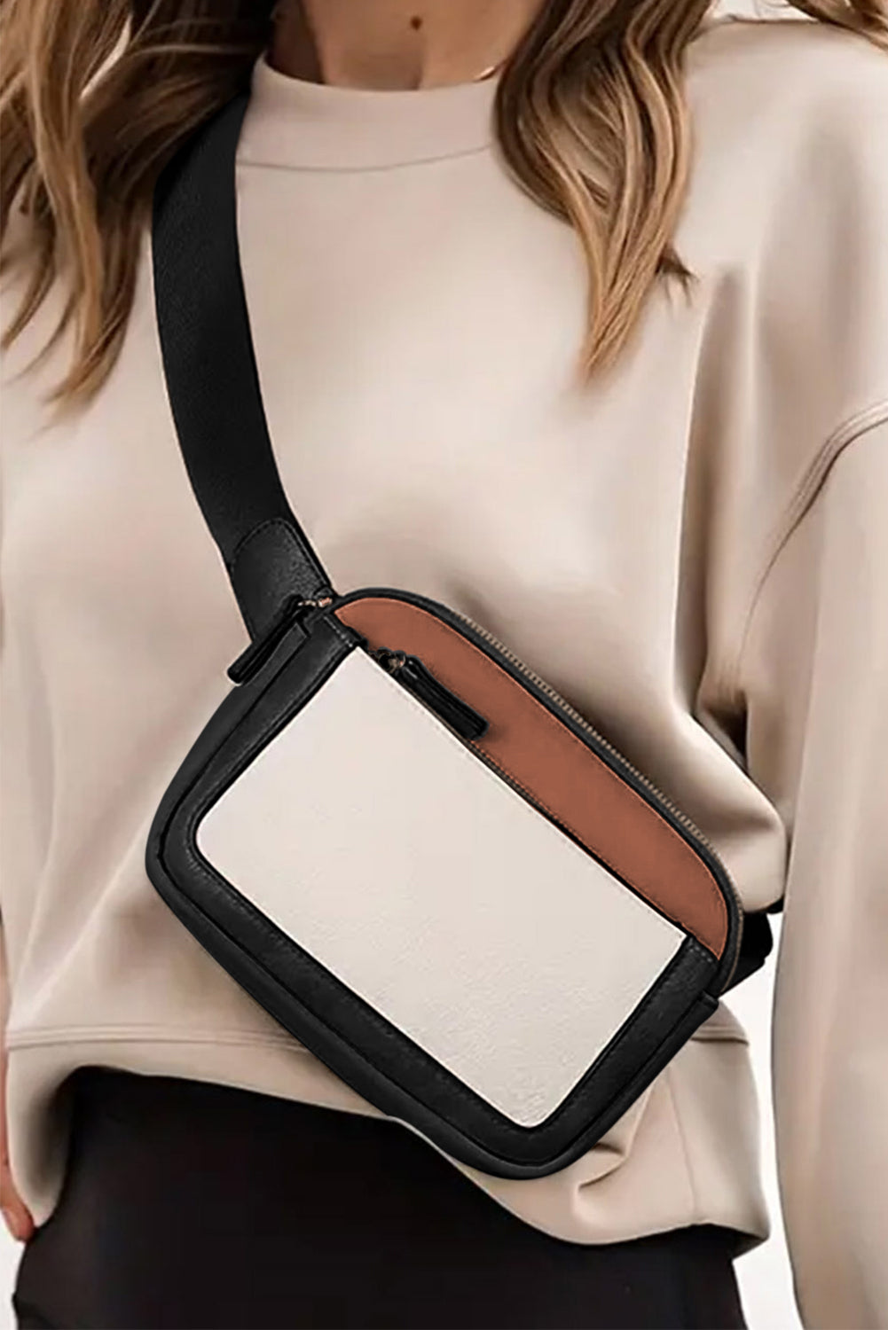 White Color Block Adjustable Belt PU Leather Crossbody Bag White ONE SIZE Pu Leather f5550ac8b7dbc481