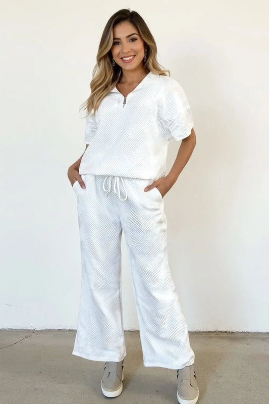 Double Take Full Size Texture Half Zip Short Sleeve Top and Pants Set White f55640dc-0878-484e-a0b8-ead66a0c4392-Max