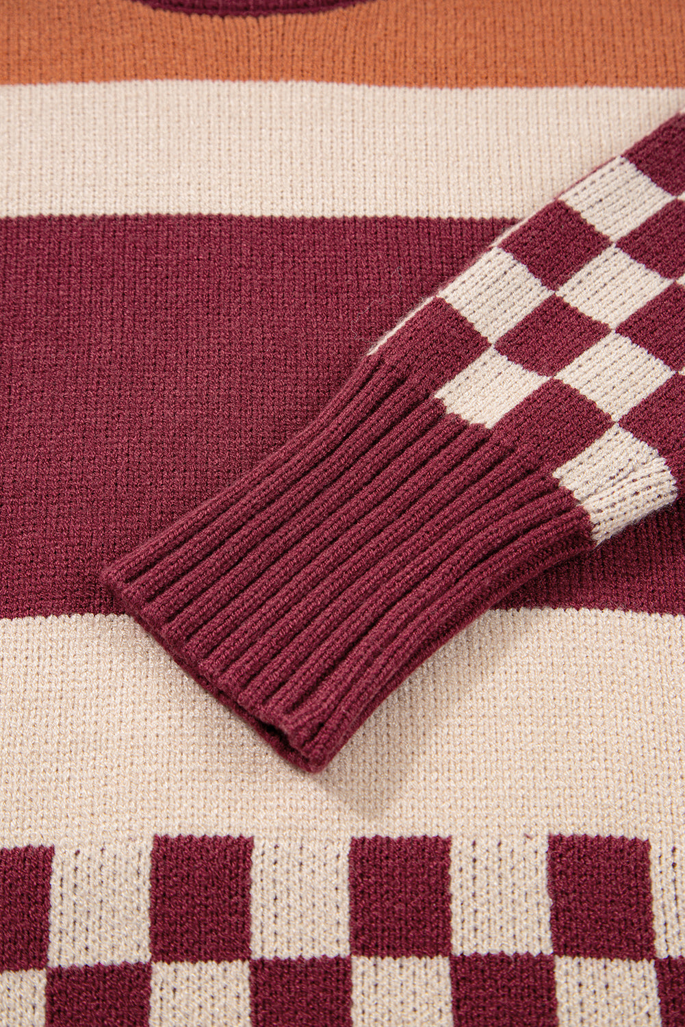 Brown Checkered Colorblock Knitted Drop Shoulder Sweater f55744d36680efcd