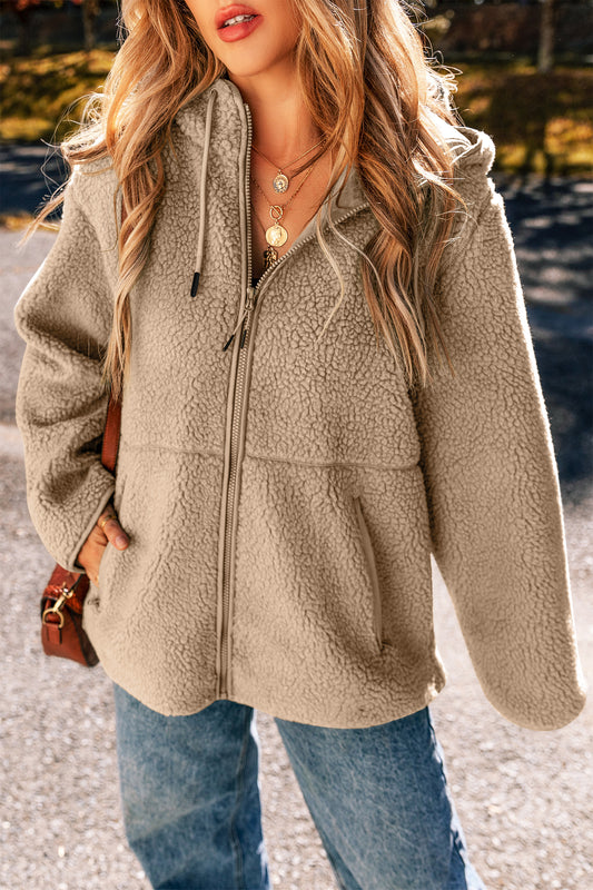 Pale Khaki Fleece Zip Up Drawstring Hooded Pocketed Jacket f562a452208bd7ea