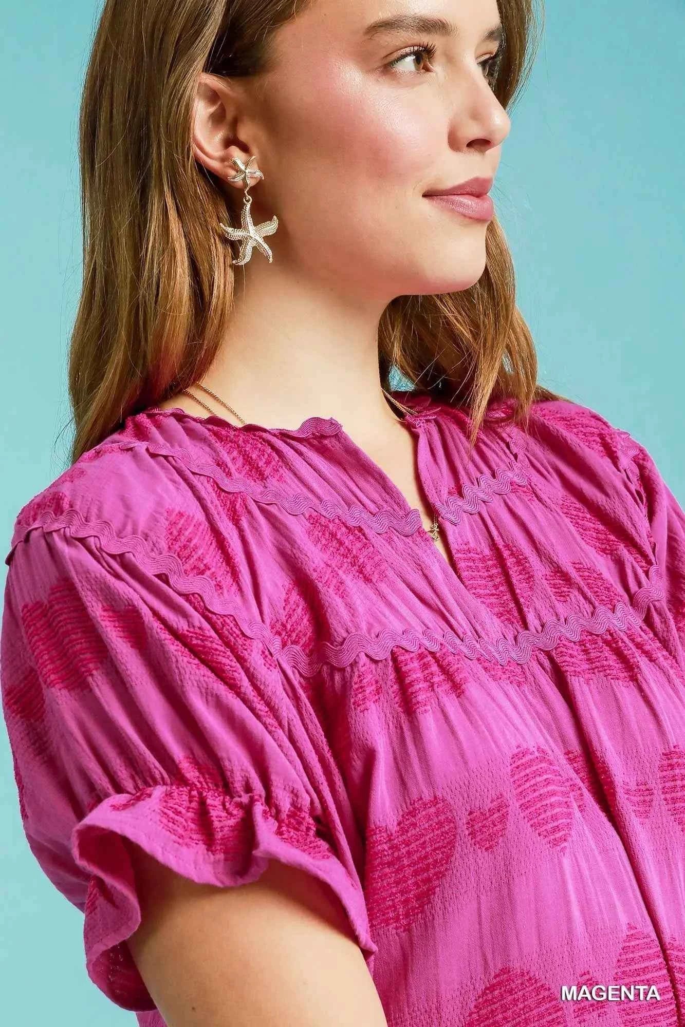 Umgee Heart Pattern Short Sleeve Ruffle Babydoll Dress f562df48-8474-4f87-a6ec-1dd3bab7e13b-Max-Origin