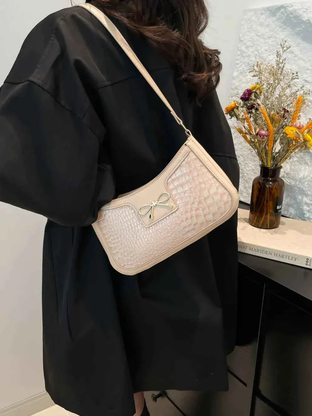 Crocodile Pattern Shoulder Bag with Bow Detail f5672676-6509-47f0-b42a-d8358ad03dc9-Max