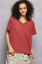 POL Ribbed Knit V-Neck Short Sleeve T-Shirt with Side Slit TERRA COTTA f56c0bdb-6894-4568-8197-2ff817cd58ea-Max-Origin