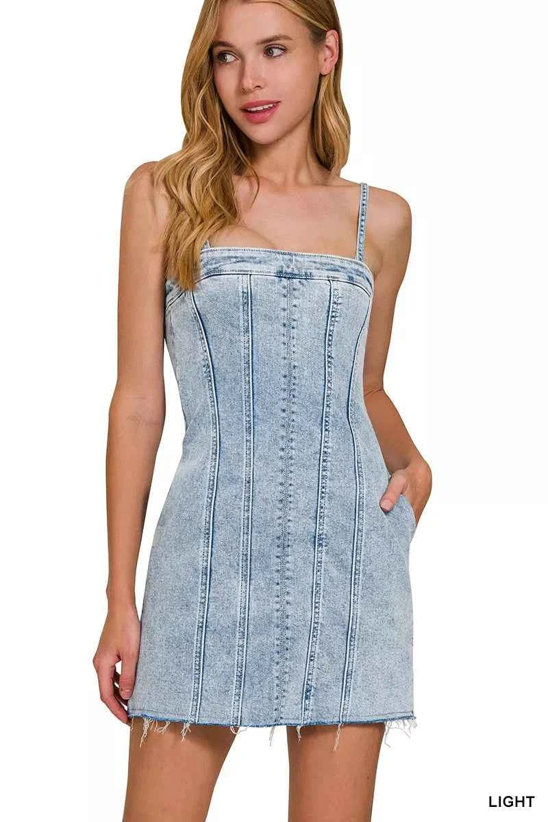 Zenana Spaghetti Strap Exposed Seam Light-Wash Dress LIGHT f56d0d9794724e8a99d4a5948bb3664d-Max-Origin