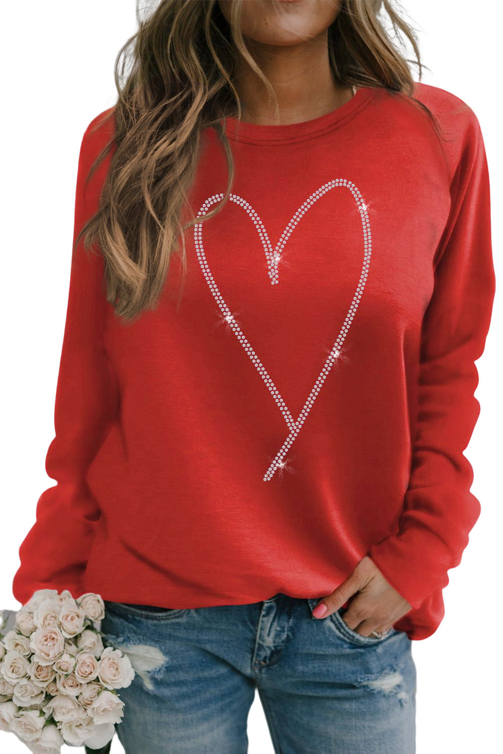 Red Casual Rhinestone Heart Shaped Graphic Sweatshirt f570fe176281fe87