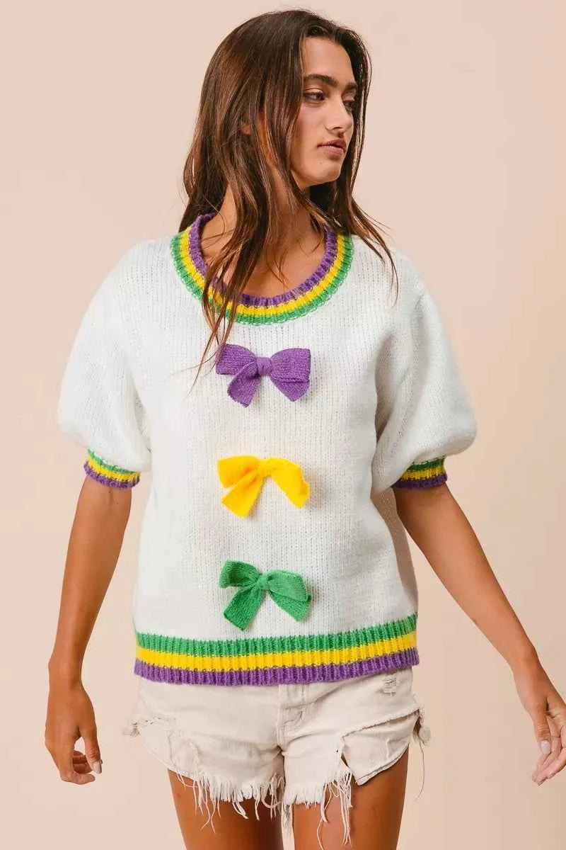BiBi Short Puff Sleeve Ribbon Bow Mardi Gras Sweater f572931b79bd455dbb73b77880785a61-Max-Origin