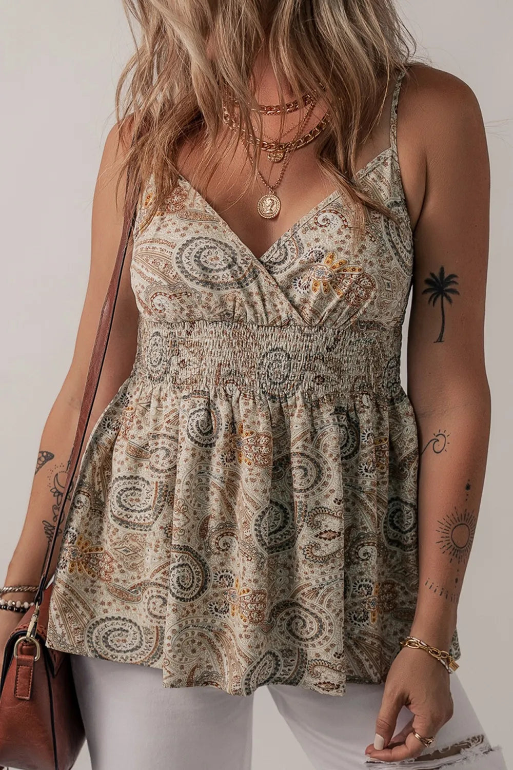 Paisley Printed Smocked Babydoll Cami Khaki f578205f-9334-430f-9997-fb32b2f45295-Max-Origin