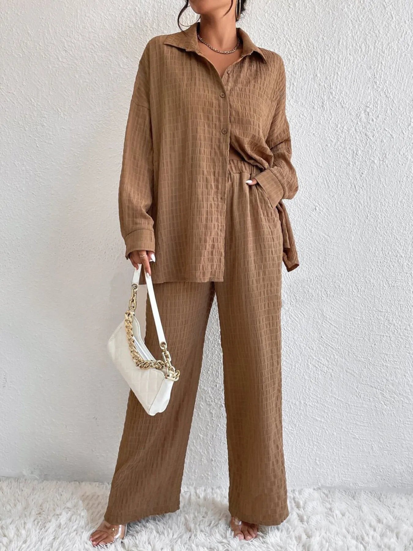 Button Up Long Sleeve Shirt and Pants Set f57a5e94ec584073922592083e7170b0-Max-Origin