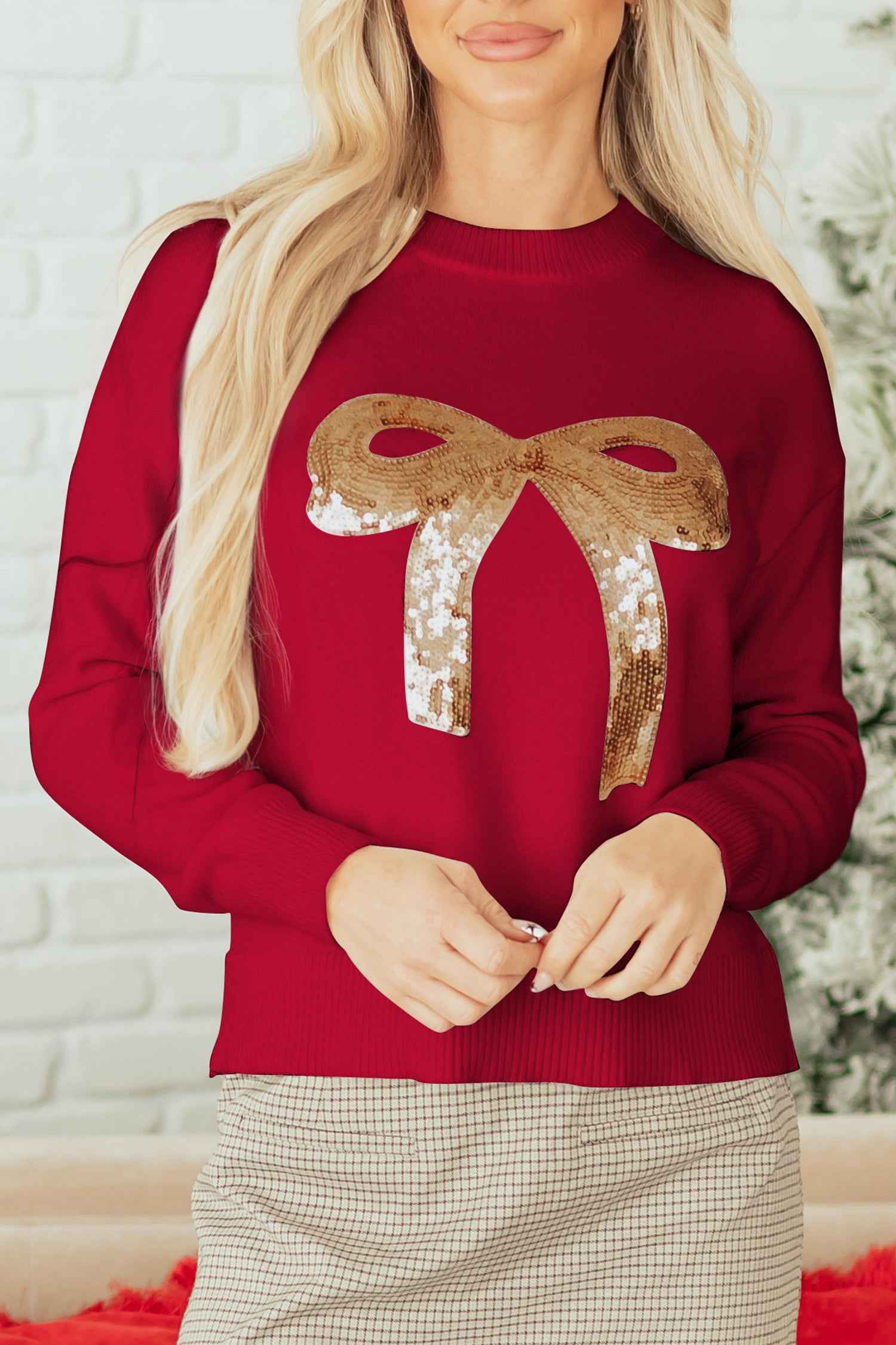 Rose Red Sequined Bow Graphic Christmas Holiday Sweater f57c667d76f765b8